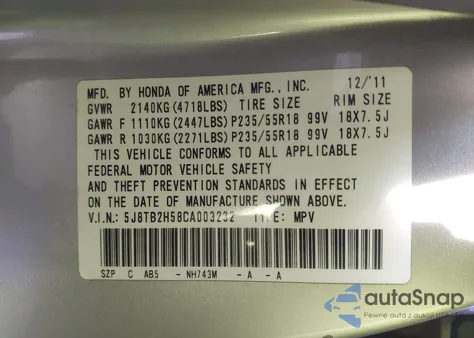 2012 Acura Rdx z USA, uszkodzony, nr VIN 5J8TB2H58CA003232